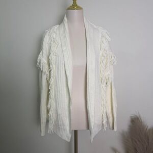 Franco S/M Cream Fringe Open-Front Chunky Knit Cardigan Sweater